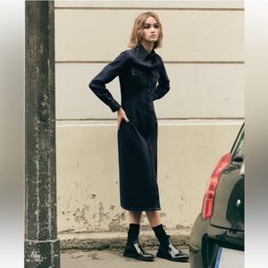 Zara Navy Blue Long Sleeve Midi Denim Shirt Dress
